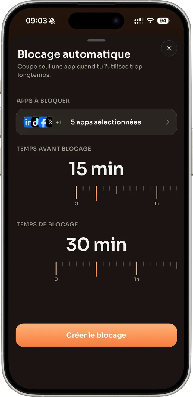 Automatic block settings: 15 min of use, 30 min blocked