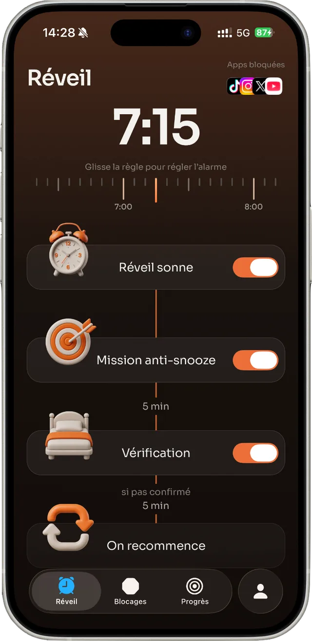 The Alarm screen in Up: 7:15 alarm, anti-snooze mission, wake-up check